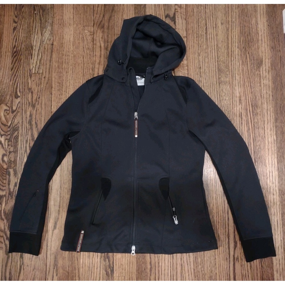 Harley Davidson Womens L Black Softshell Jacket Detachable Hood Thumbholes...